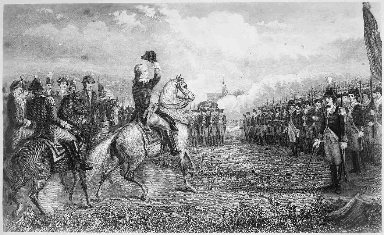 Washington taking command of the American Army at Cambridge. 1775. Engraving by C. Rogers from painting by M.A. Wageman.
